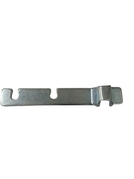 Steel stay stopper bracket for restricting cable and linkage movement in vehicles.