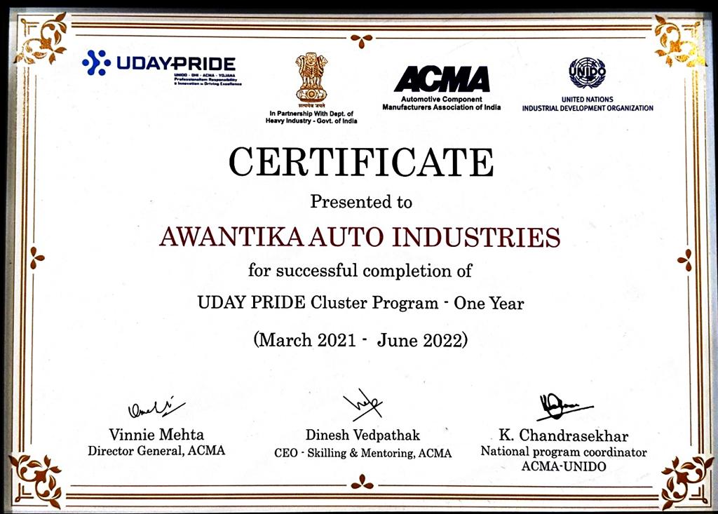 Uday Pride ACMA UNIDO award certificate for Awantika Auto Industries automotive manufacturer.