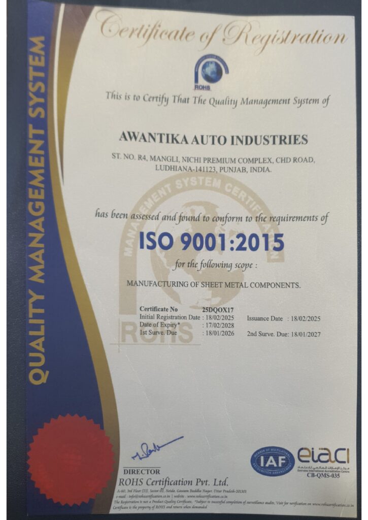 ISO 9001 2015 quality management certificate for sheet metal parts manufacturer Ludhiana.